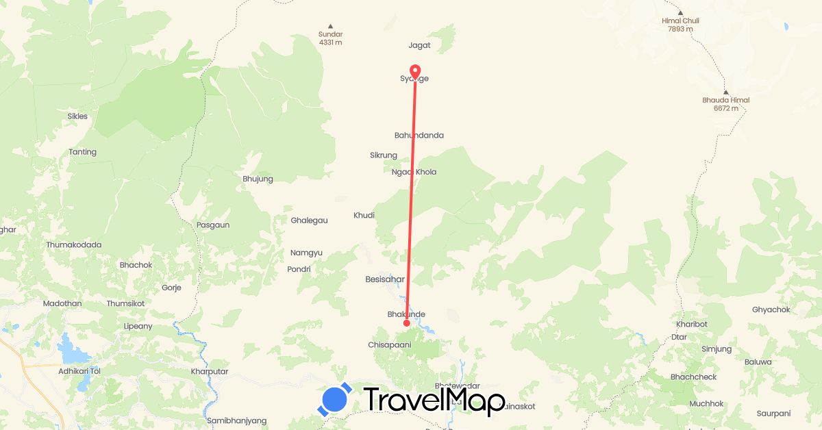 TravelMap itinerary: driving, hiking in Nepal (Asia)